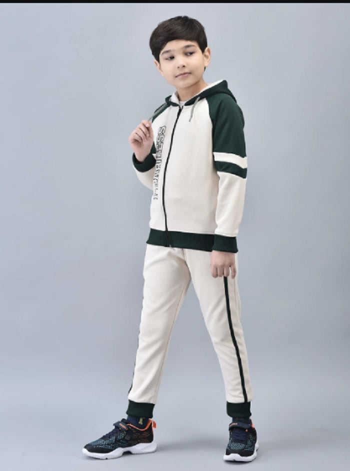 Shiv Naresh Boys Cream & Bottle Green Colorblocked "Fearless" Hooded Tracksuit