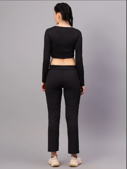Shiv Naresh Women Black Ribbed Full Sleeves Crop Top with Straight Fit Lounge Pants Co-ord Set