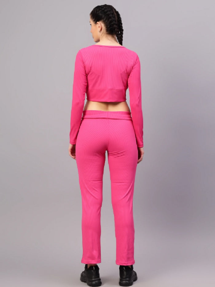 Shiv Naresh Women Fuchsia Ribbed Full Sleeves Crop Top with Straight Fit Lounge Pants Co-ord Set