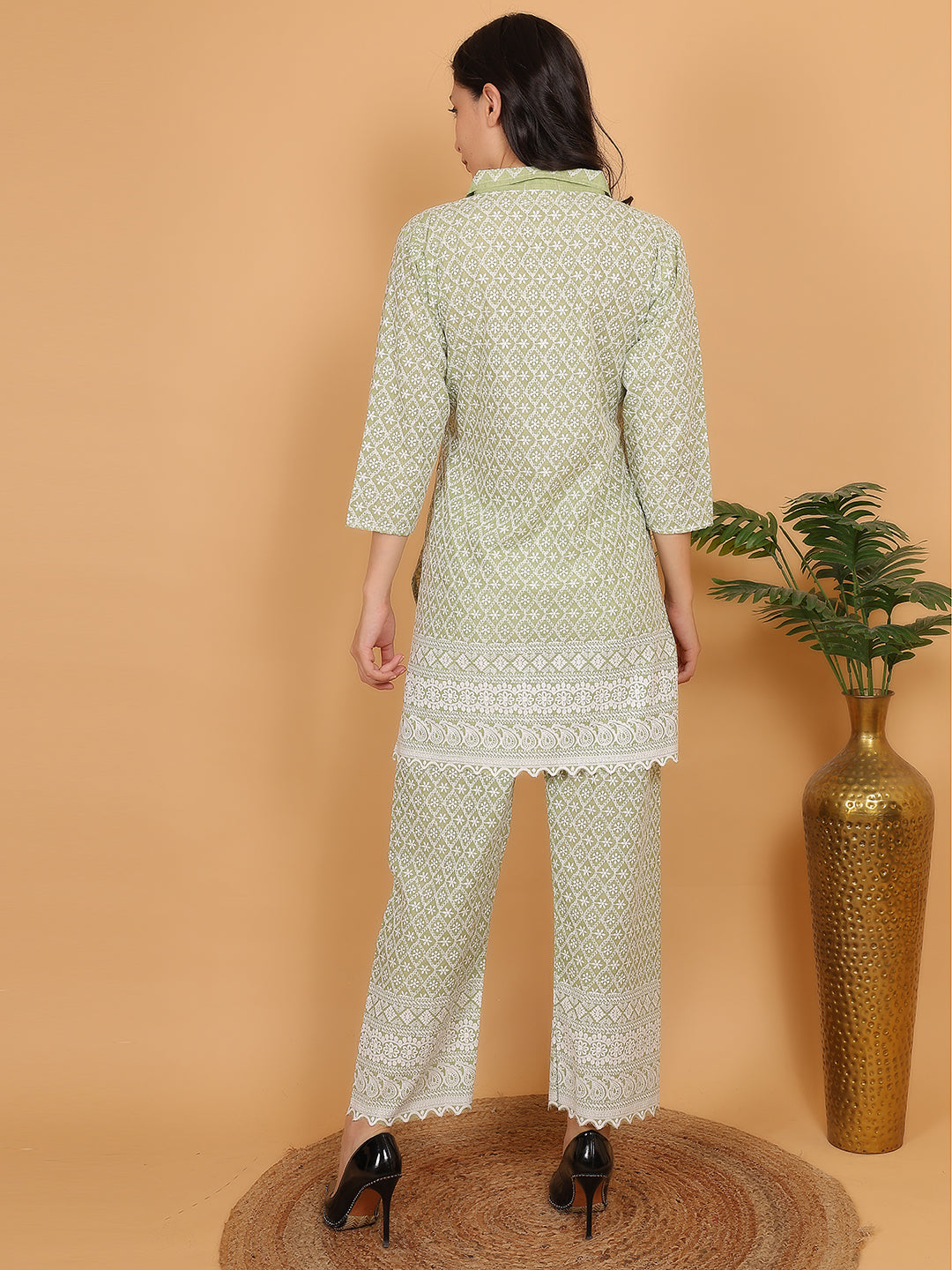 Pista Green Ethnic Chikan Embroidery Cotton Co-ord Set