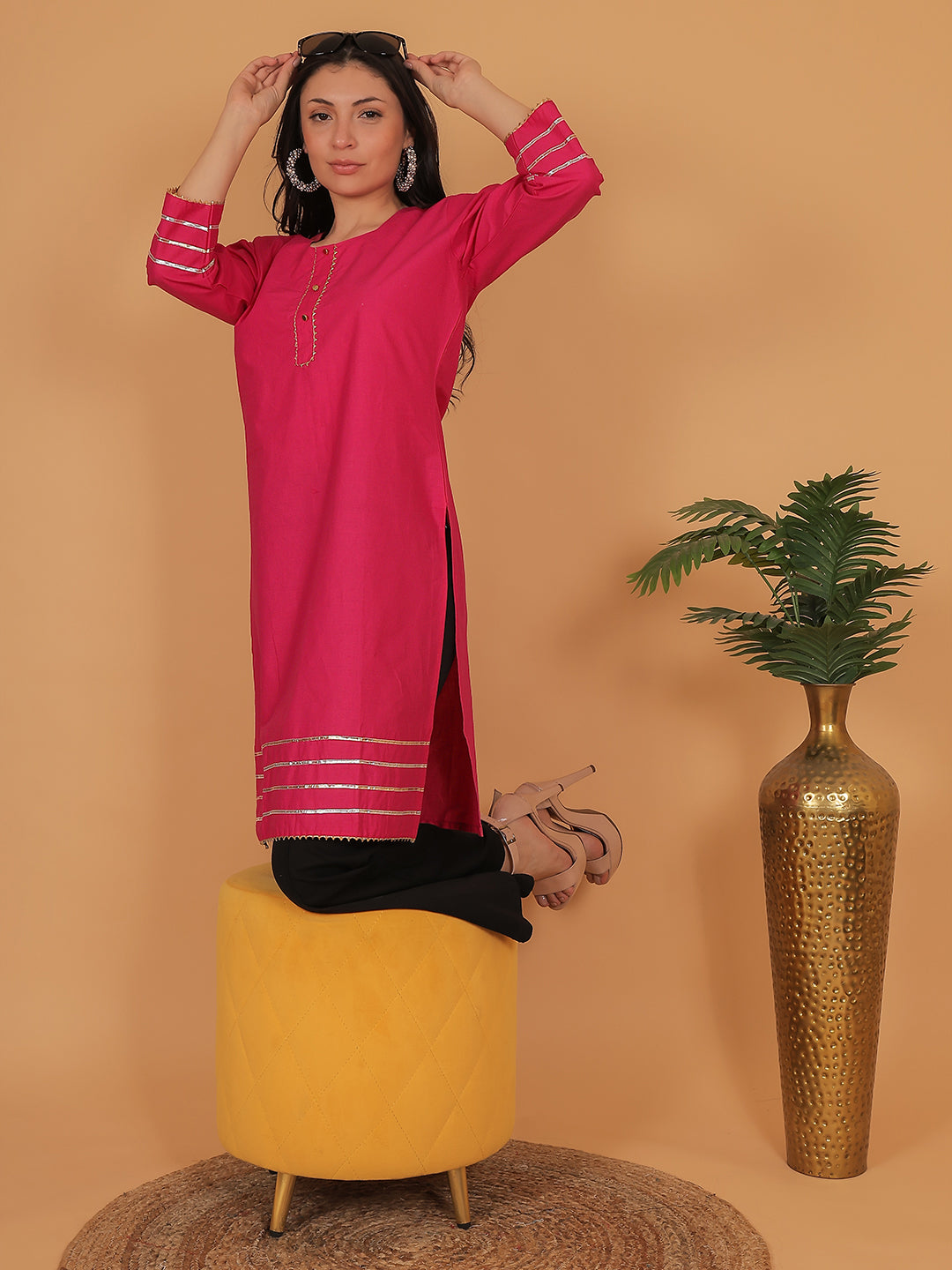 Women Pink Cotton Straight Kurti with Golden Detailing