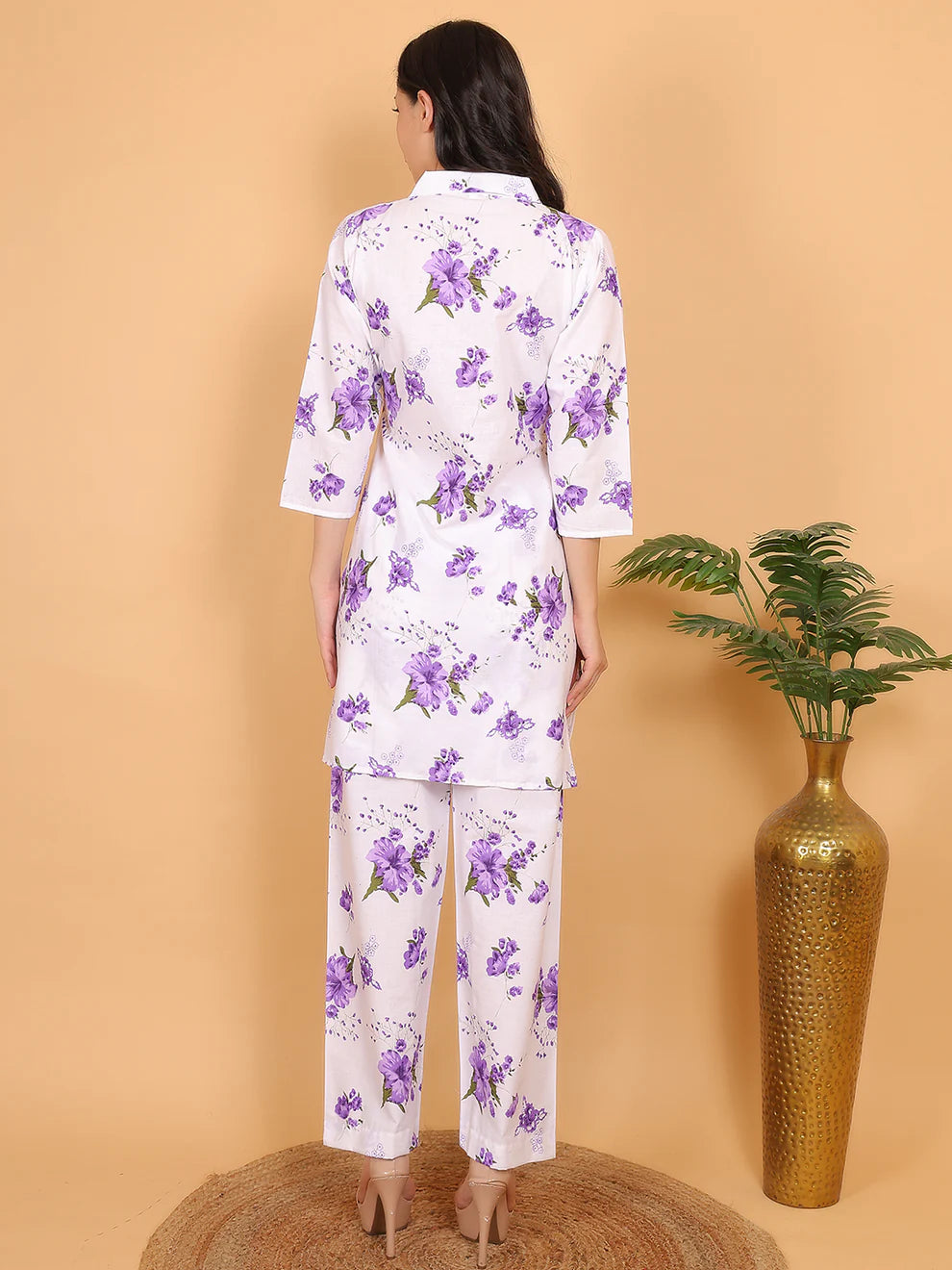 Women Purple Floral Printed Cotton Coord Set with 3/4 Sleeves