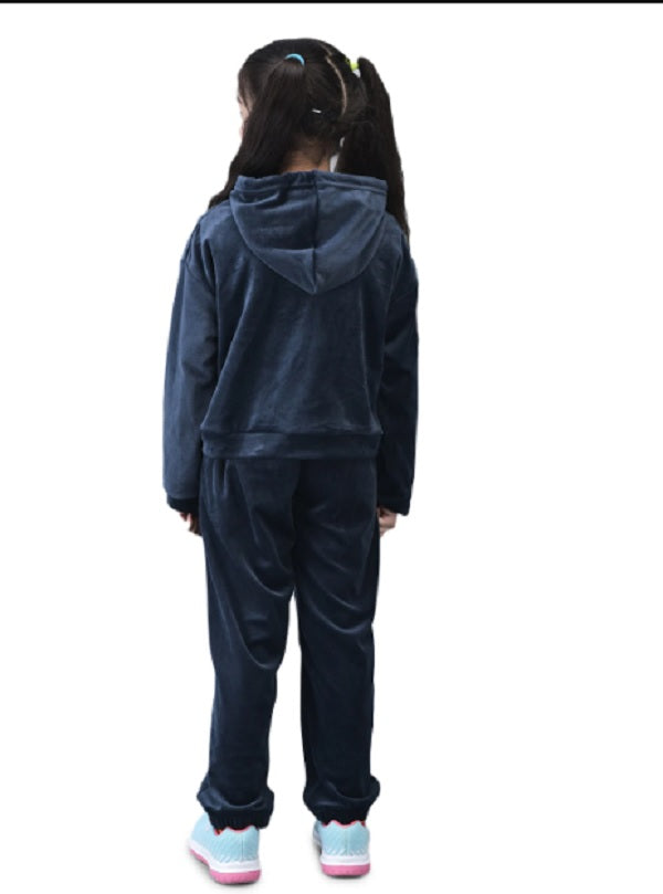 Shiv Naresh Girls Navy Velour Super Soft Hooded Tracksuit