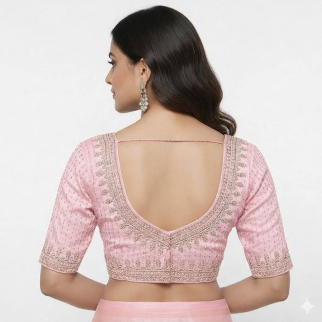 Devika Premium Blush Pink V-Neck Blouse with Gold Sequin Stripes-US-CA