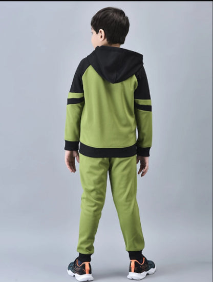 Shiv Naresh Boys Olive Green & Black Color blocked Zip-Front Tracksuit with Hood