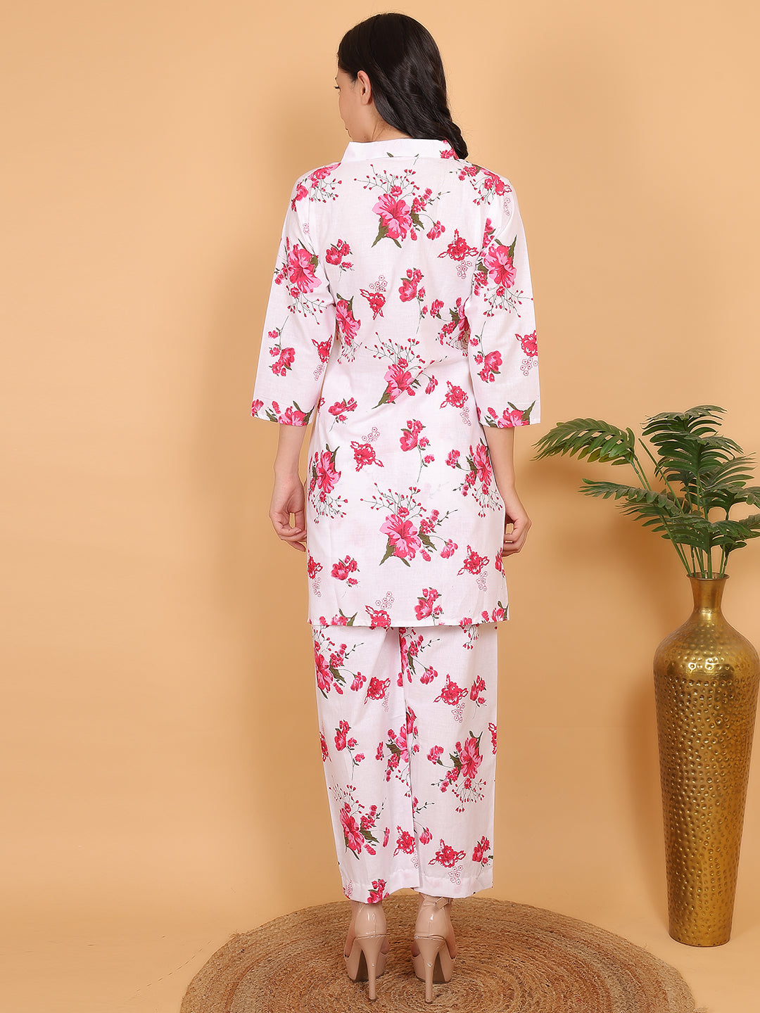 Women Red Floral Printed Cotton Coord Set with 3/4 Sleeves