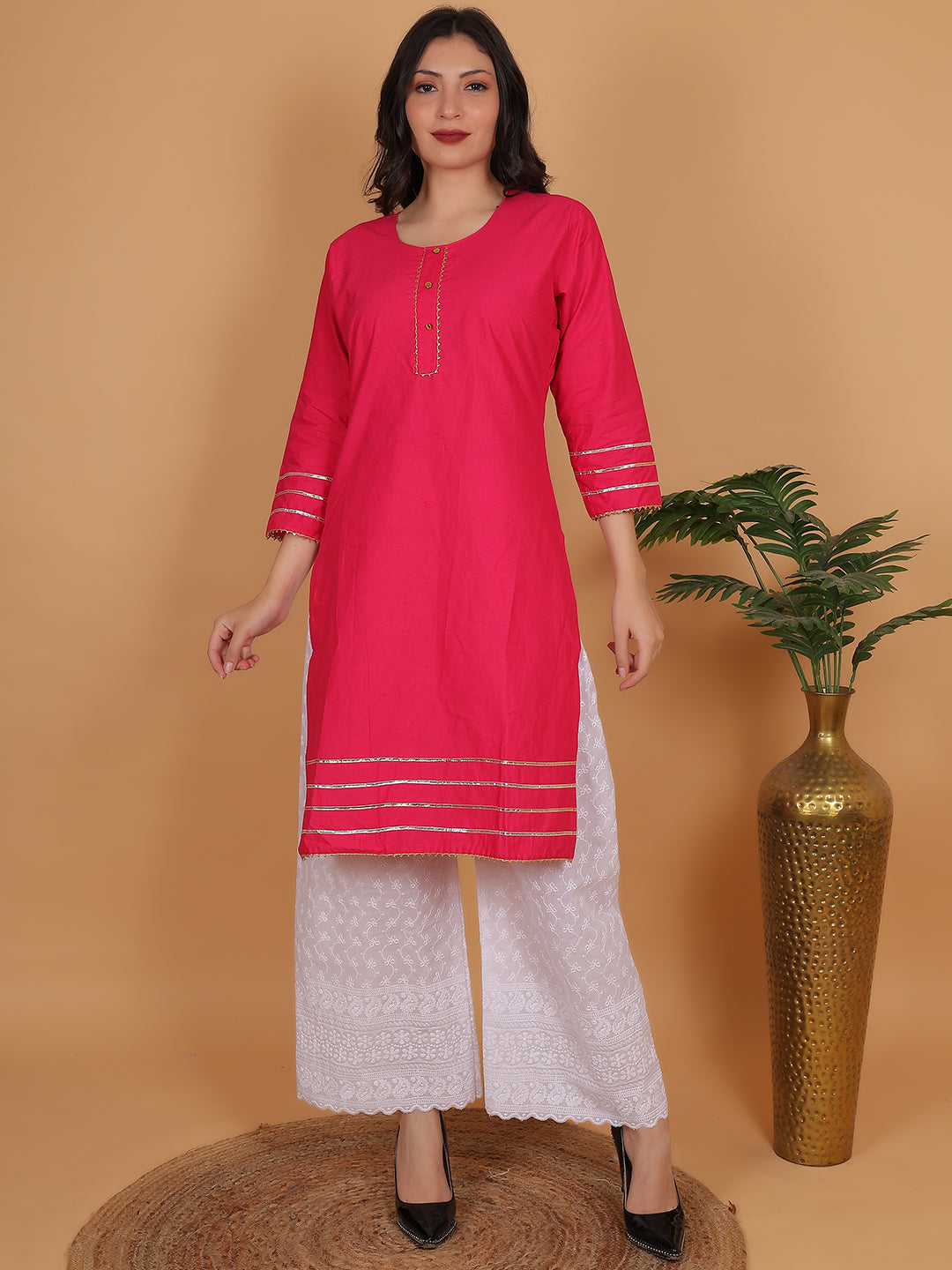 Women Elegant Rani Pink Cotton Kurti & White Embroidered Palazzo Set
