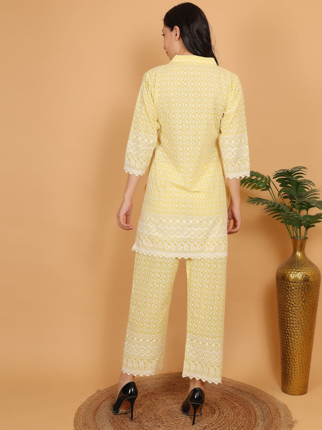 Trendzmy Yellow Ethnic Chikan Embroidery Cotton Coord Set