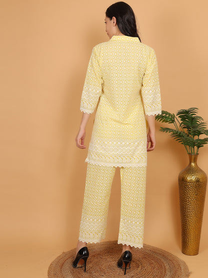 Trendzmy Yellow Ethnic Chikan Embroidery Cotton Coord Set