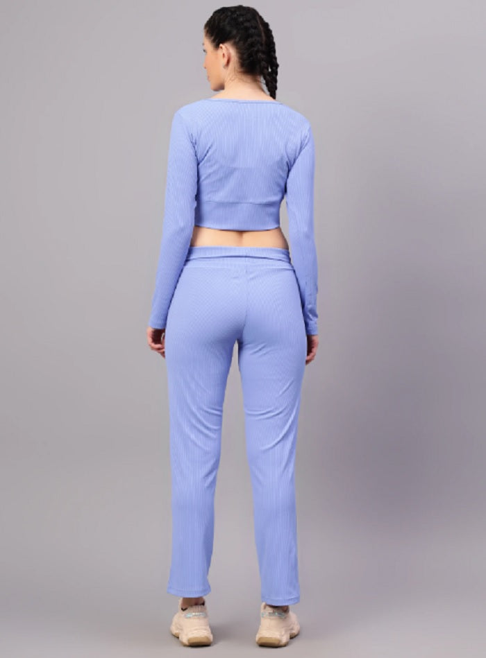 Shiv Naresh Women Pale blue Ribbed Full Sleeves Crop Top with Straight Fit Lounge Pants Co-ord Set