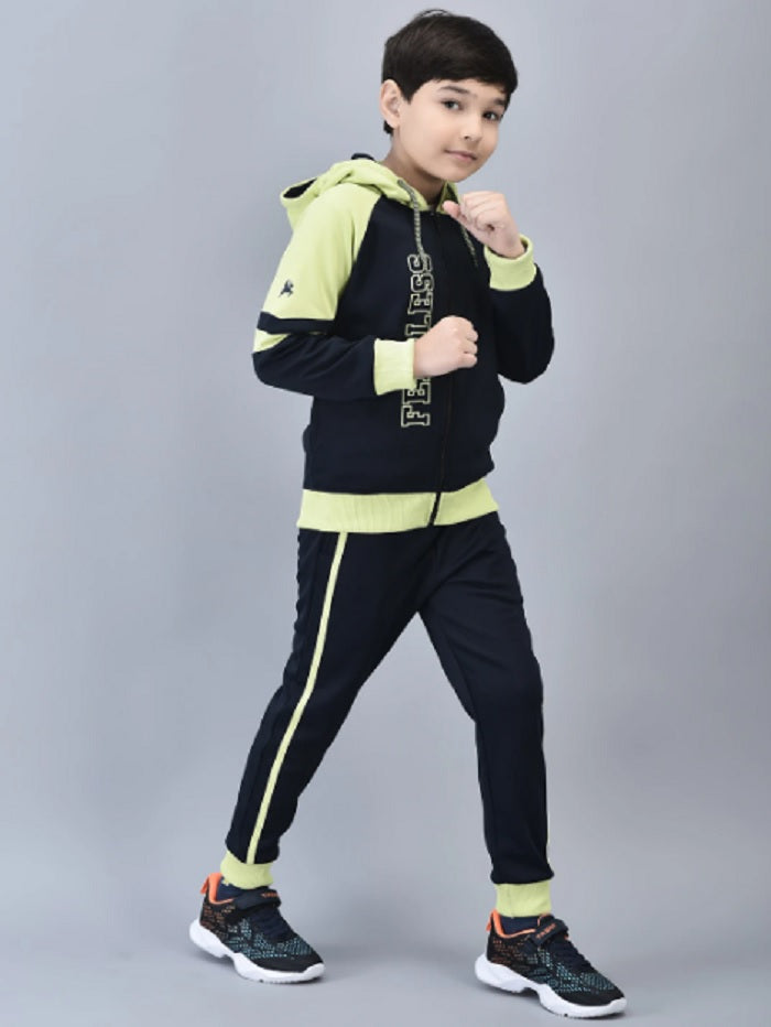 Shiv Naresh Boys Navy & Neon Green Colorblocked "Fearless" Hooded Tracksuit