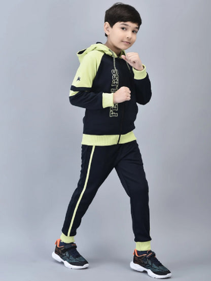Shiv Naresh Boys Navy & Neon Green Colorblocked "Fearless" Hooded Tracksuit