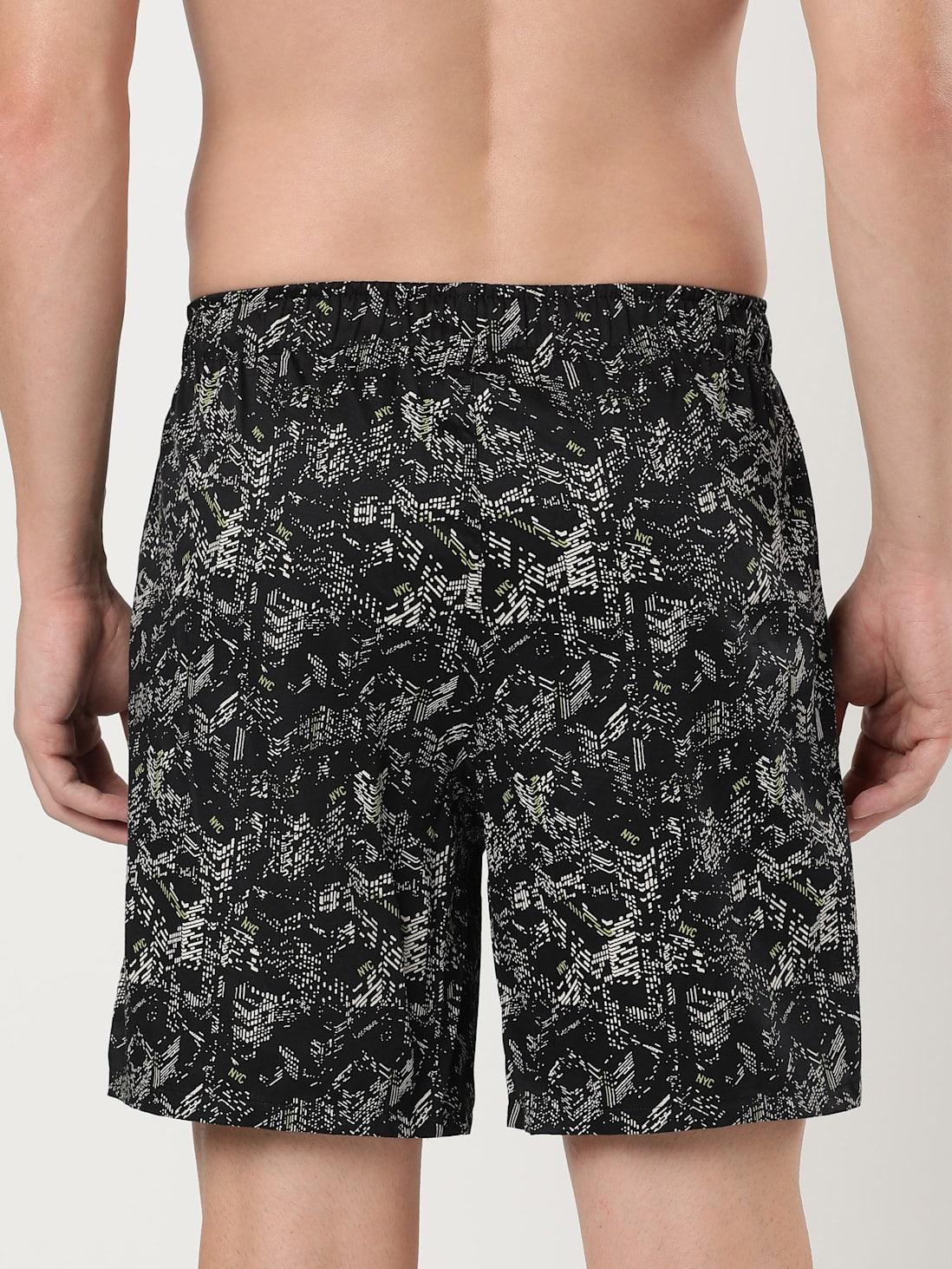 Jockey Men's Super Combed Cotton Satin Weave Printed Boxer Shorts with Side Pocket - Black (Random Prints)