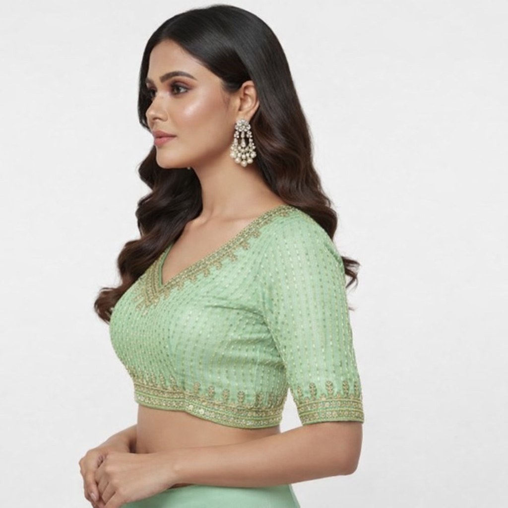 Devika Premium Mint Green V-Neck Blouse with Gold Sequin Stripes