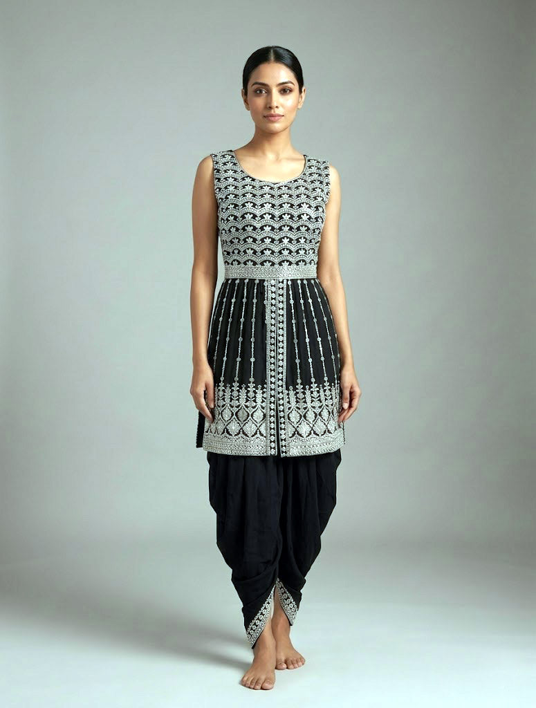 Designer Black Georgette Peplum Kurti and Long Dhoti Set with Heavy Thread Work | Party Wear Indo-Western Set for Women