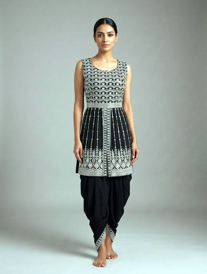 Designer Black Georgette Peplum Kurti and Long Dhoti Set with Heavy Thread Work | Party Wear Indo-Western Set for Women