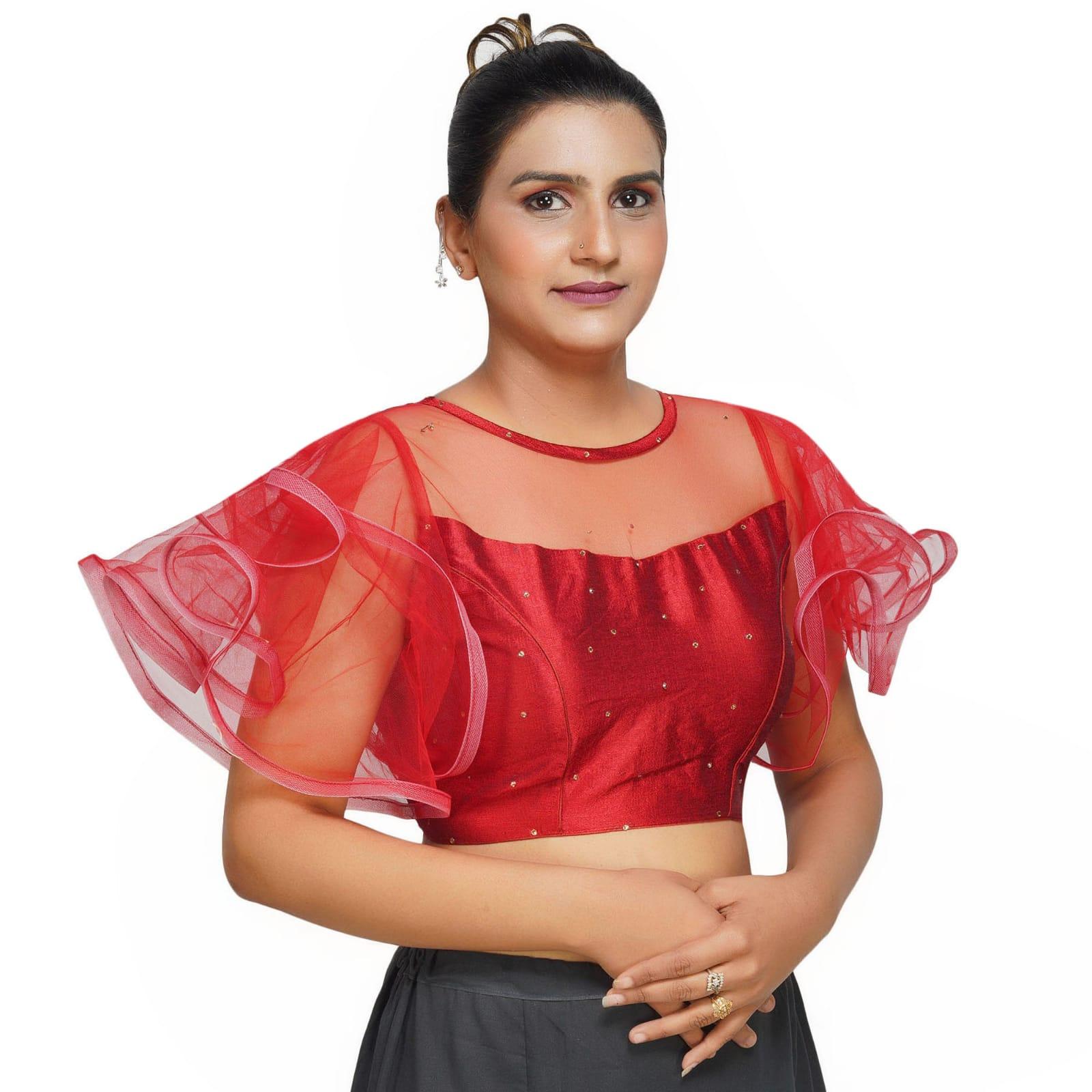 Boat Neck Frill Shoulder Dark Red Women Blouse