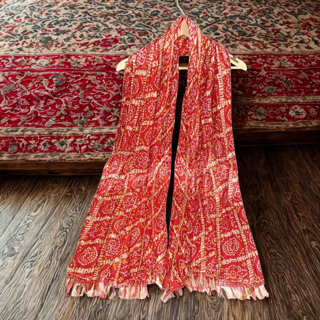 Traditional Red & Gold Bandhani Print Cotton Blend Dupatta with Tassel Fringe