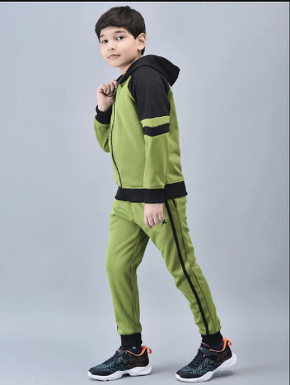 Shiv Naresh Boys Olive Green & Black Color blocked Zip-Front Tracksuit with Hood