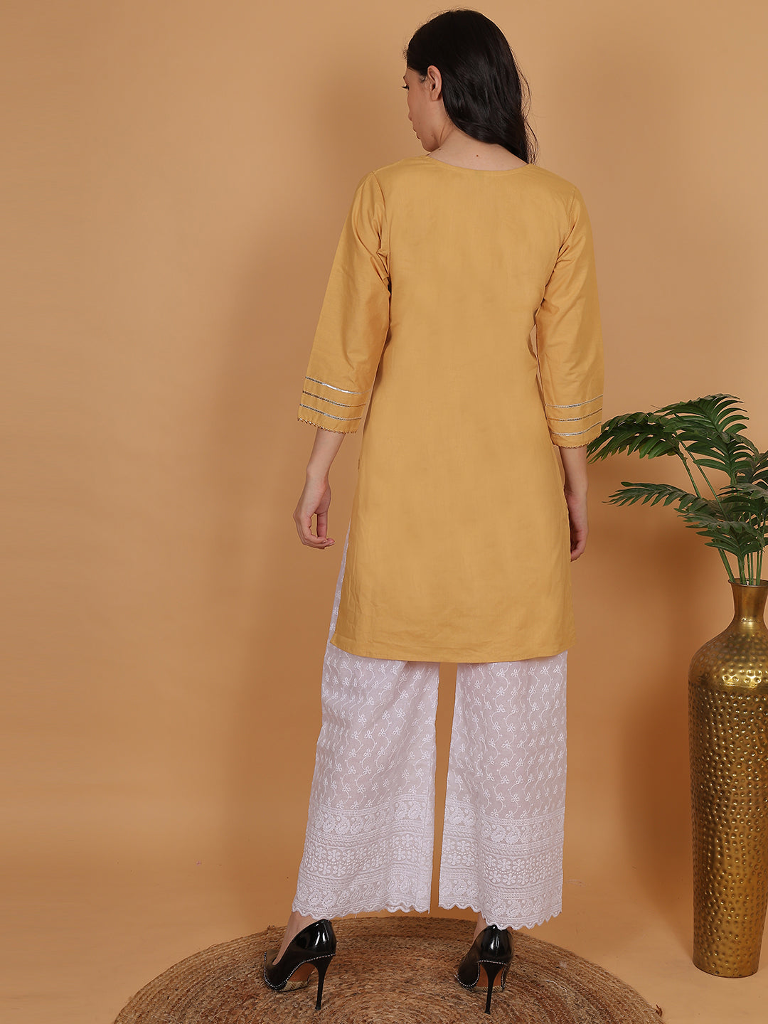 Women Elegant Beige Cotton Kurti & White Embroidered Palazzo Set