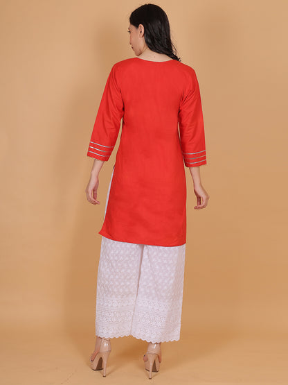Trendzmy Women Elegant Red Cotton Kurti & White Embroidered Palazzo Set