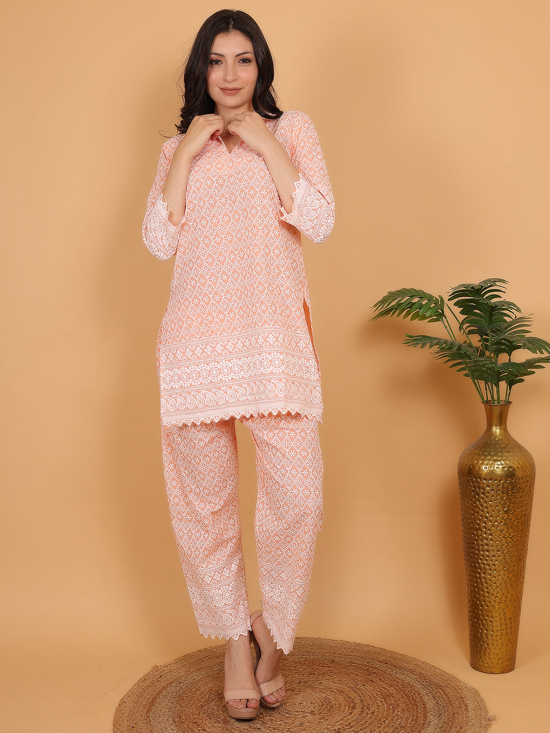 Peach Ethnic Chikan Embroidery Cotton Coord Set