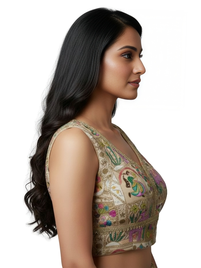 Women Cotton Silk Blouse with Traditional Multi-Color Kantha Work & Animal Motifs _Golden