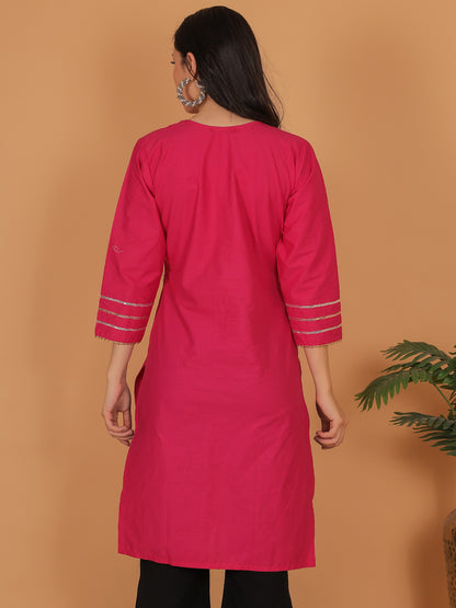 Trendzmy Women Pink Cotton Straight Kurti with Golden Detailing