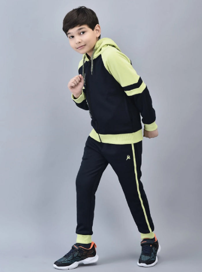 Shiv Naresh Boys Navy & Neon Green Colorblocked "Fearless" Hooded Tracksuit