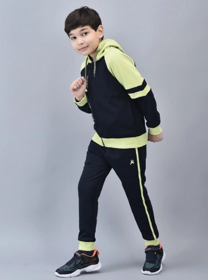 Shiv Naresh Boys Navy & Neon Green Colorblocked "Fearless" Hooded Tracksuit