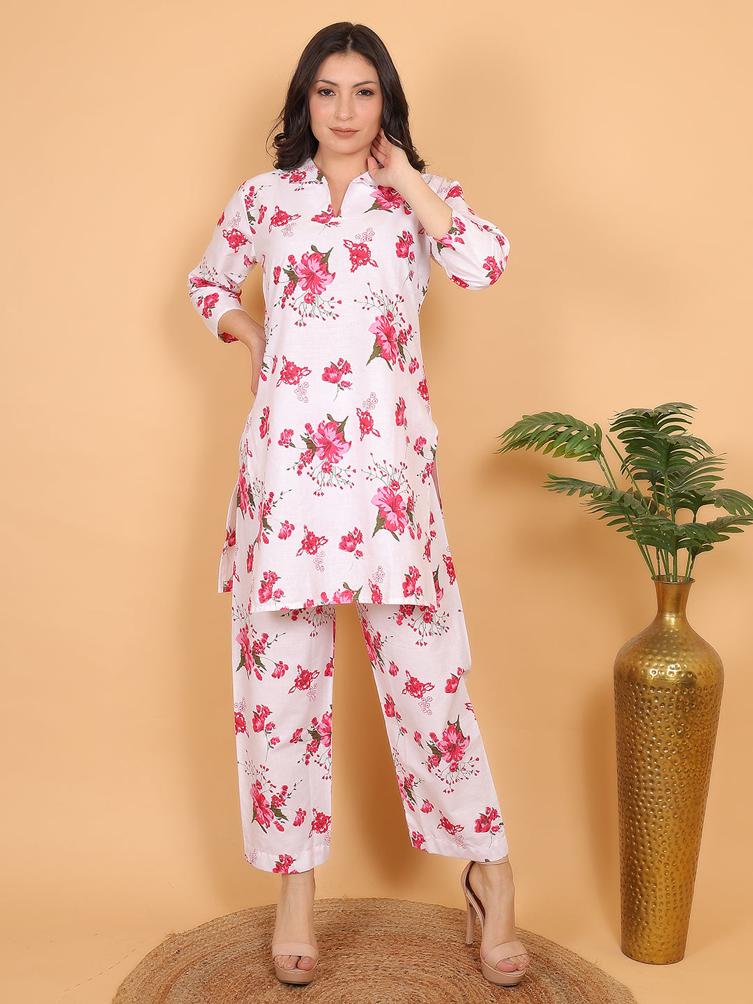 Women Red Floral Printed Cotton Coord Set with 3/4 Sleeves