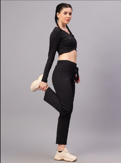 Shiv Naresh Women Black Ribbed Full Sleeves Crop Top with Straight Fit Lounge Pants Co-ord Set