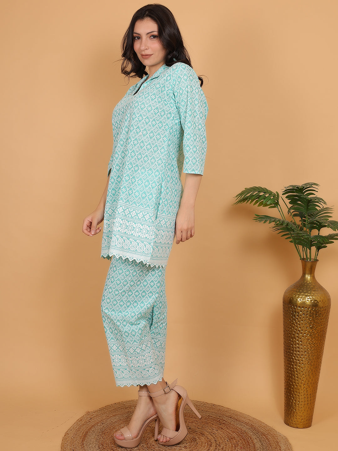 Aqua Green Ethnic Chikan embroidery Cotton Co-ord Set