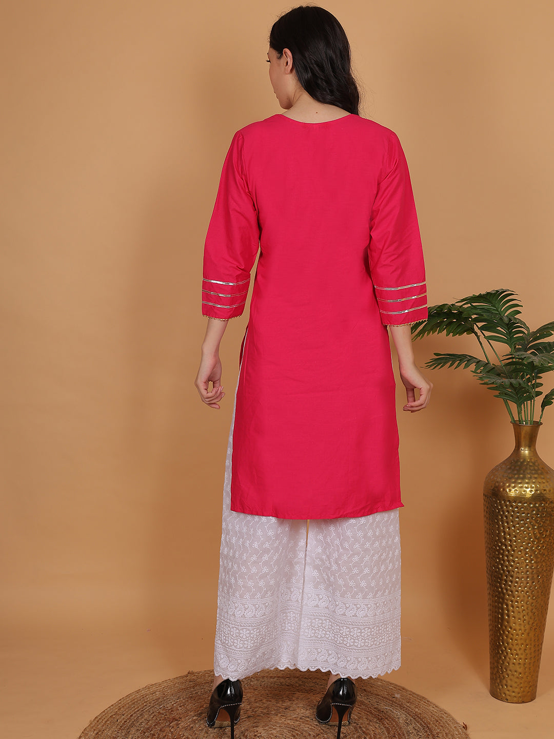 Women Elegant Rani Pink Cotton Kurti & White Embroidered Palazzo Set
