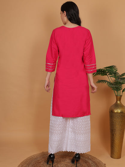 Women Elegant Rani Pink Cotton Kurti & White Embroidered Palazzo Set