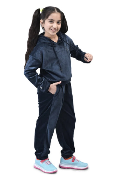 Shiv Naresh Girls Navy Velour Super Soft Hooded Tracksuit