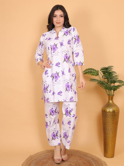 Trendzmy Women Purple Floral Printed Cotton Coord Set with 3/4 Sleeves