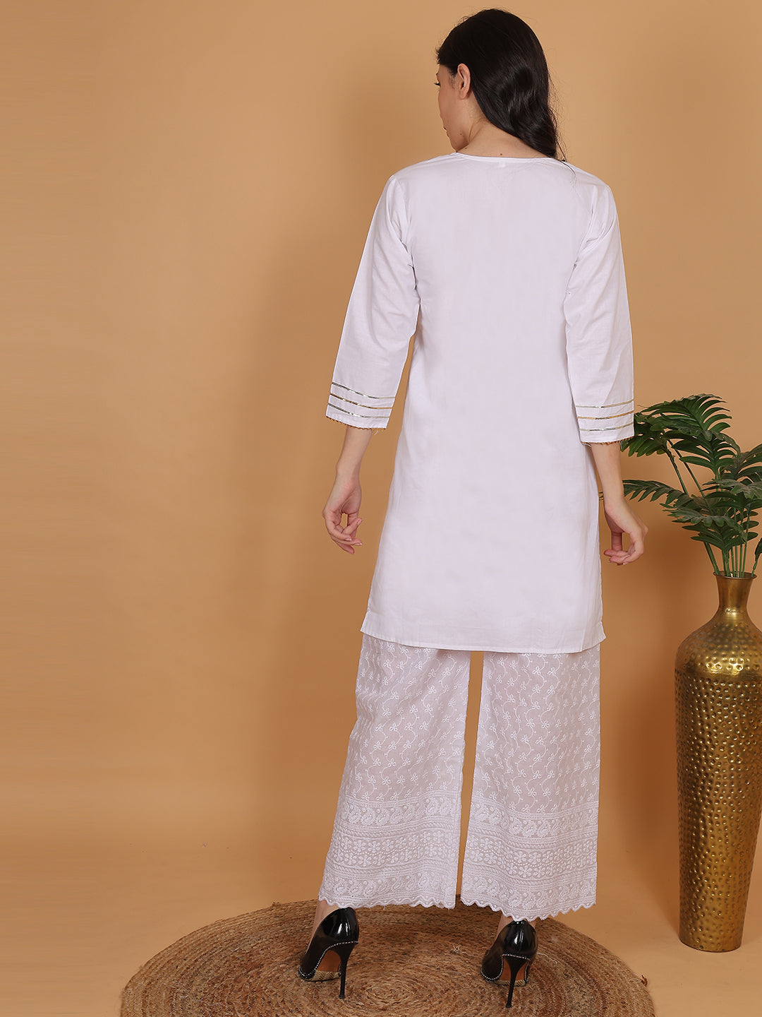 Trendzmy Women Elegant White Cotton Kurti & White Embroidered Palazzo Set