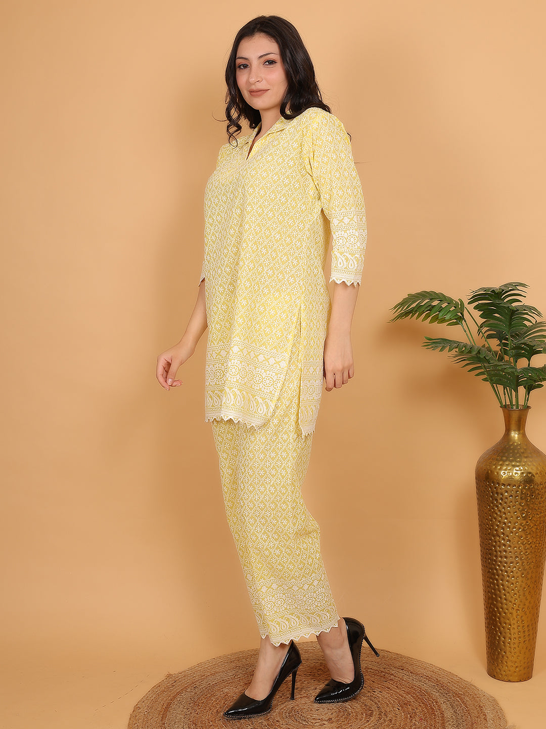 Yellow Ethnic Chikan Embroidery Cotton Coord Set