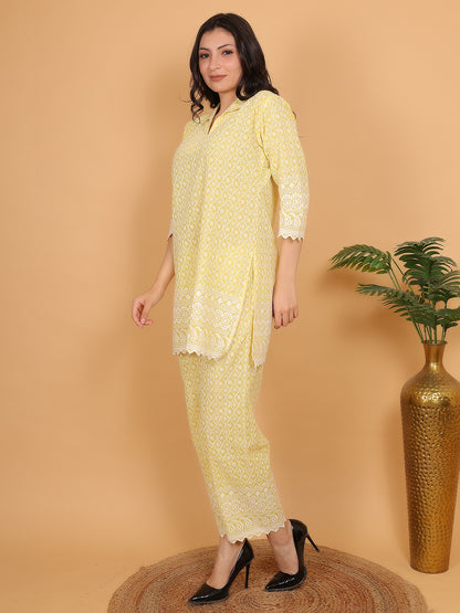 Trendzmy Yellow Ethnic Chikan Embroidery Cotton Coord Set