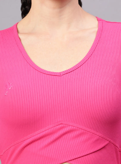 Shiv Naresh Women Fuchsia Ribbed Full Sleeves Crop Top with Straight Fit Lounge Pants Co-ord Set