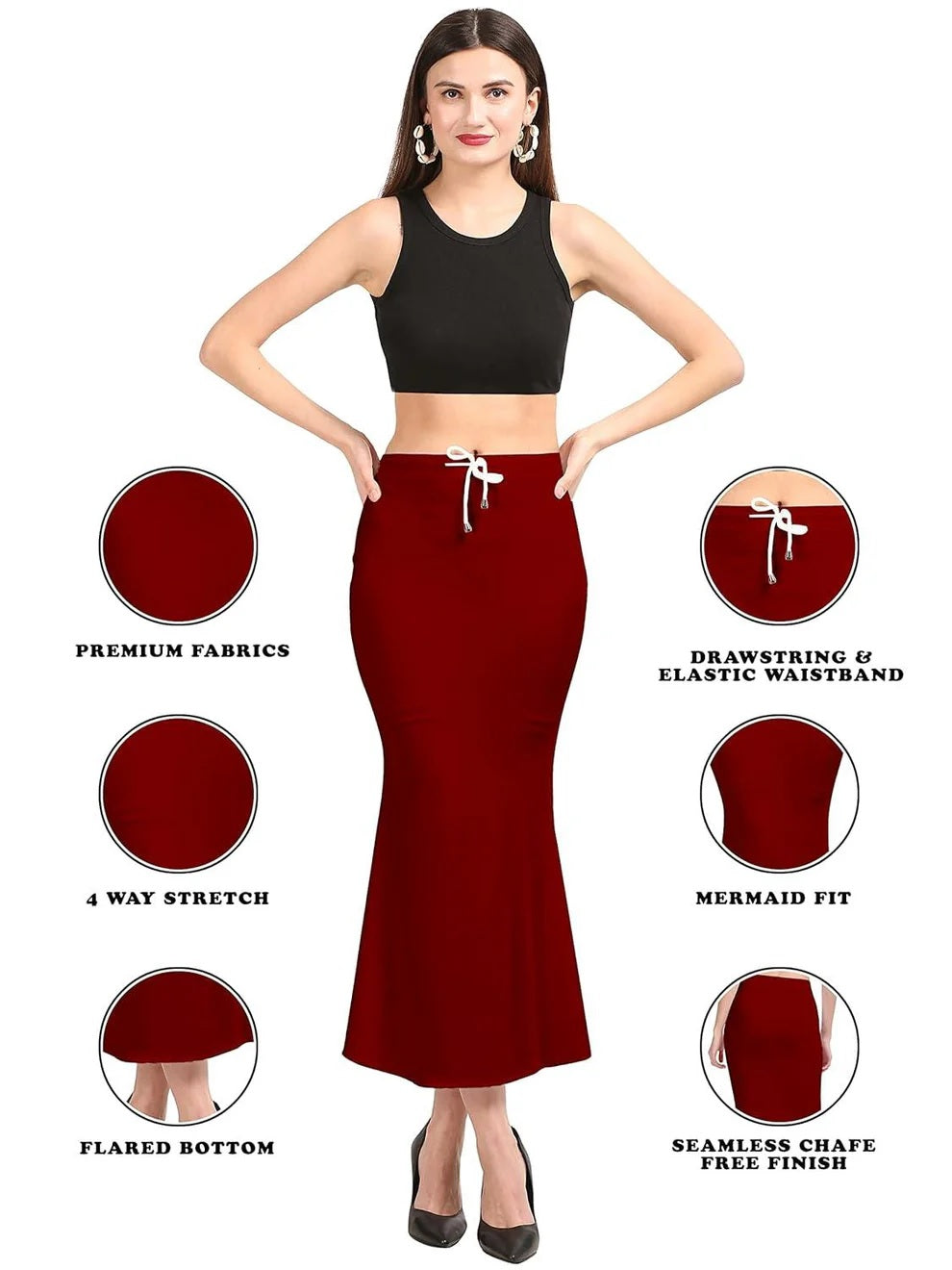 Apparels Saree Shapewear Maroon Color for Women's | Lycra Stretchable Under Skirts Petticoat | Fish Cut for Everyday Comfort Wear