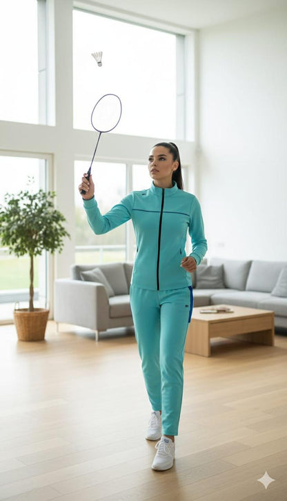 Shiv Naresh Women's Pista Green and royal Blue Performance Tracksuit - Slim-Fit Full-Zip Running Set Option