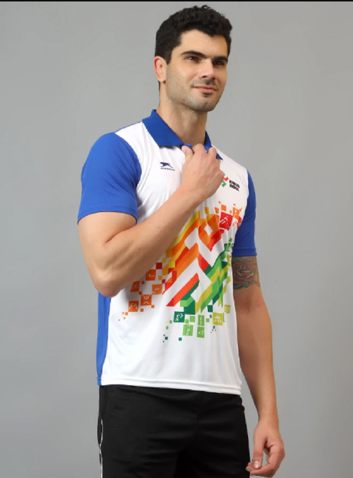 Shiv Naresh Men’s Sports Polo T-Shirt | Front Print Khelo india| Breathable Quick Dry Fabric | Plain Back | Athletic Fit Activewear-Blue