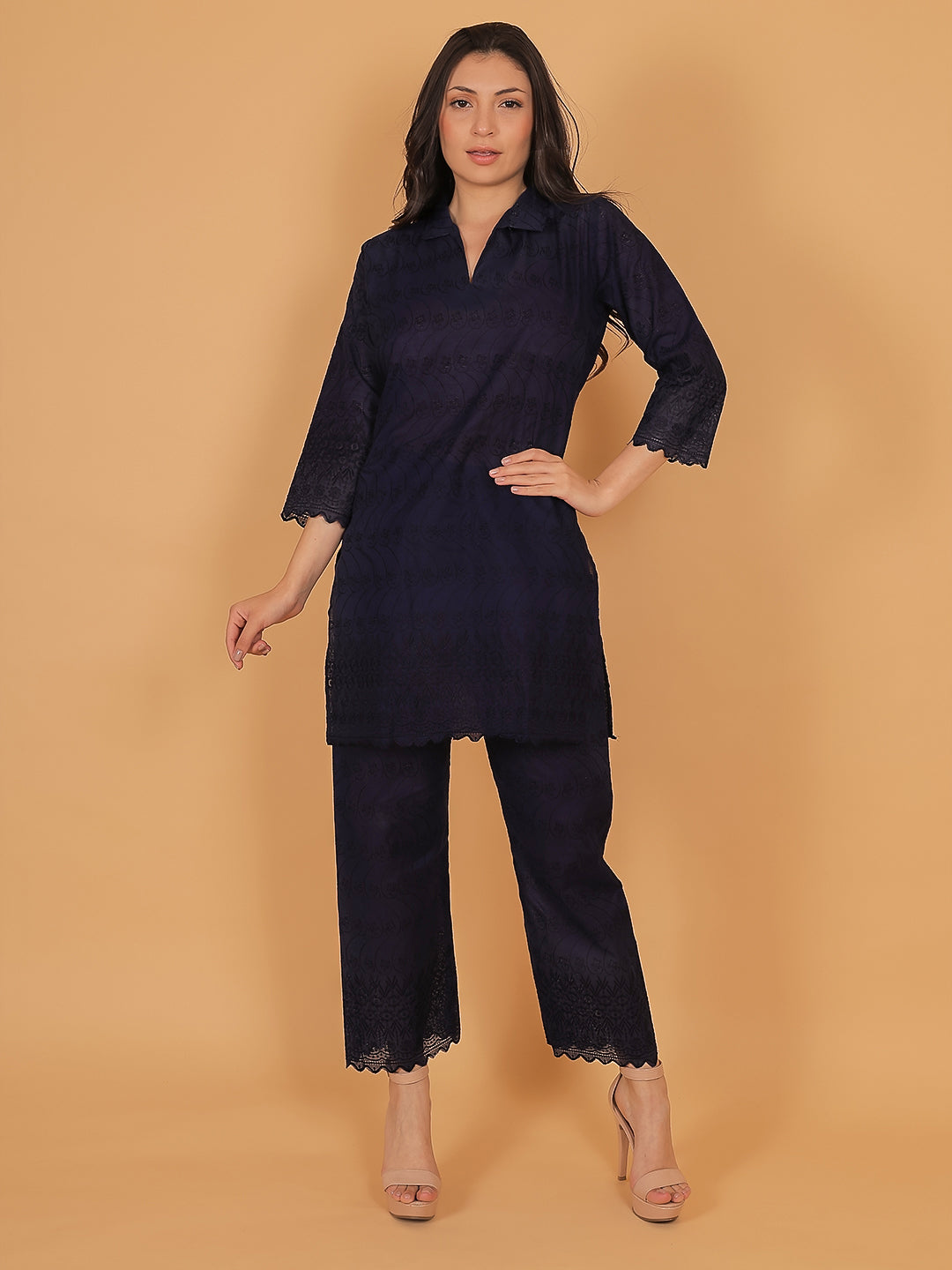 Navy Blue Ethnic Chikan Embroidery Cotton Coord Set
