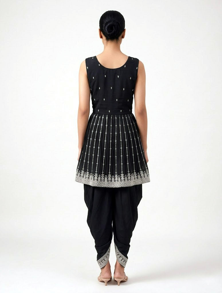 Designer Black Georgette Peplum Kurti and Long Dhoti Set with Heavy Thread Work | Party Wear Indo-Western Set for Women