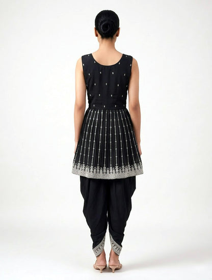 Designer Black Georgette Peplum Kurti and Long Dhoti Set with Heavy Thread Work | Party Wear Indo-Western Set for Women