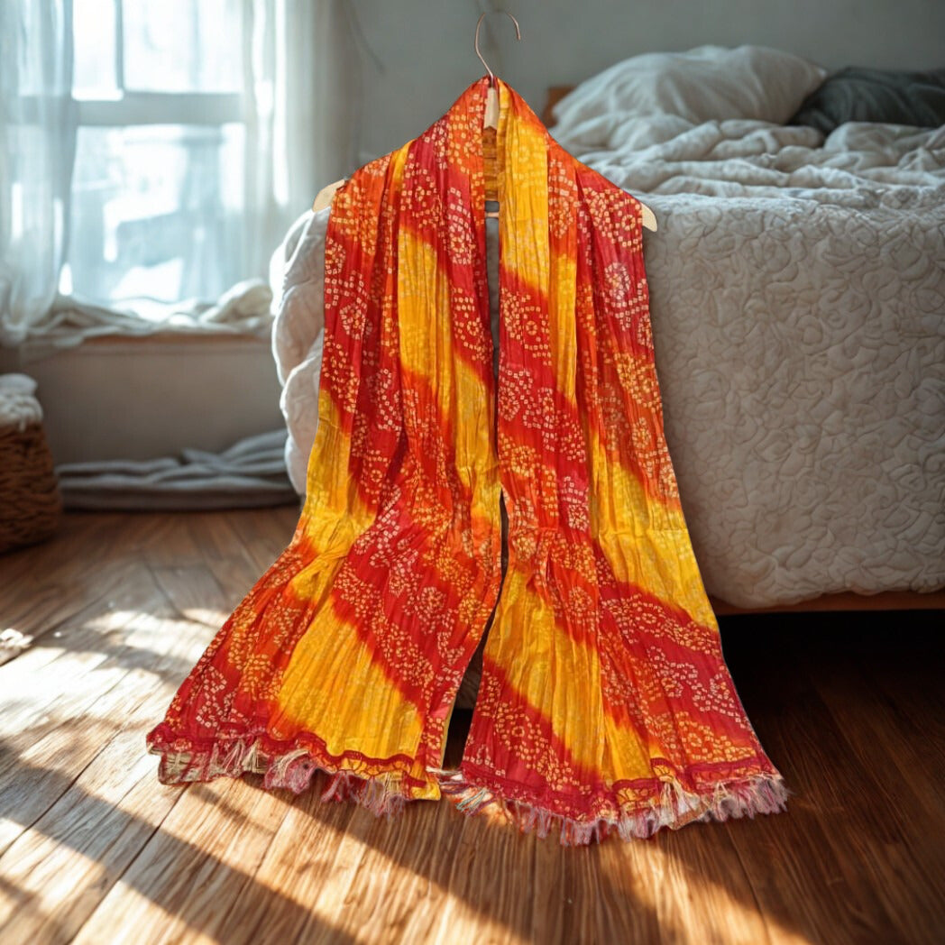 Women’s Cotton Blend Bandhani Dupatta with Leheriya Print & Tassels – Orange & Yellow Festive Ethnic Wrap