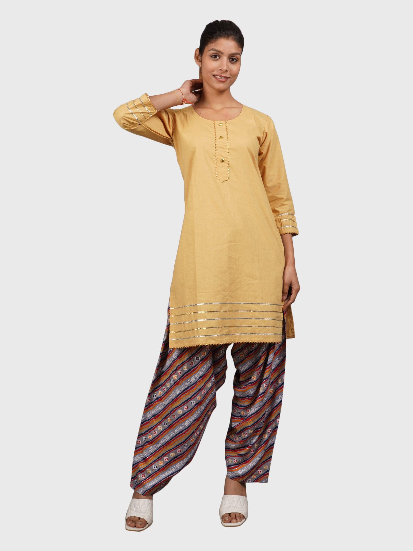 Women Plain Beige Kurta with Stripe Blue Salwar and Dupatta