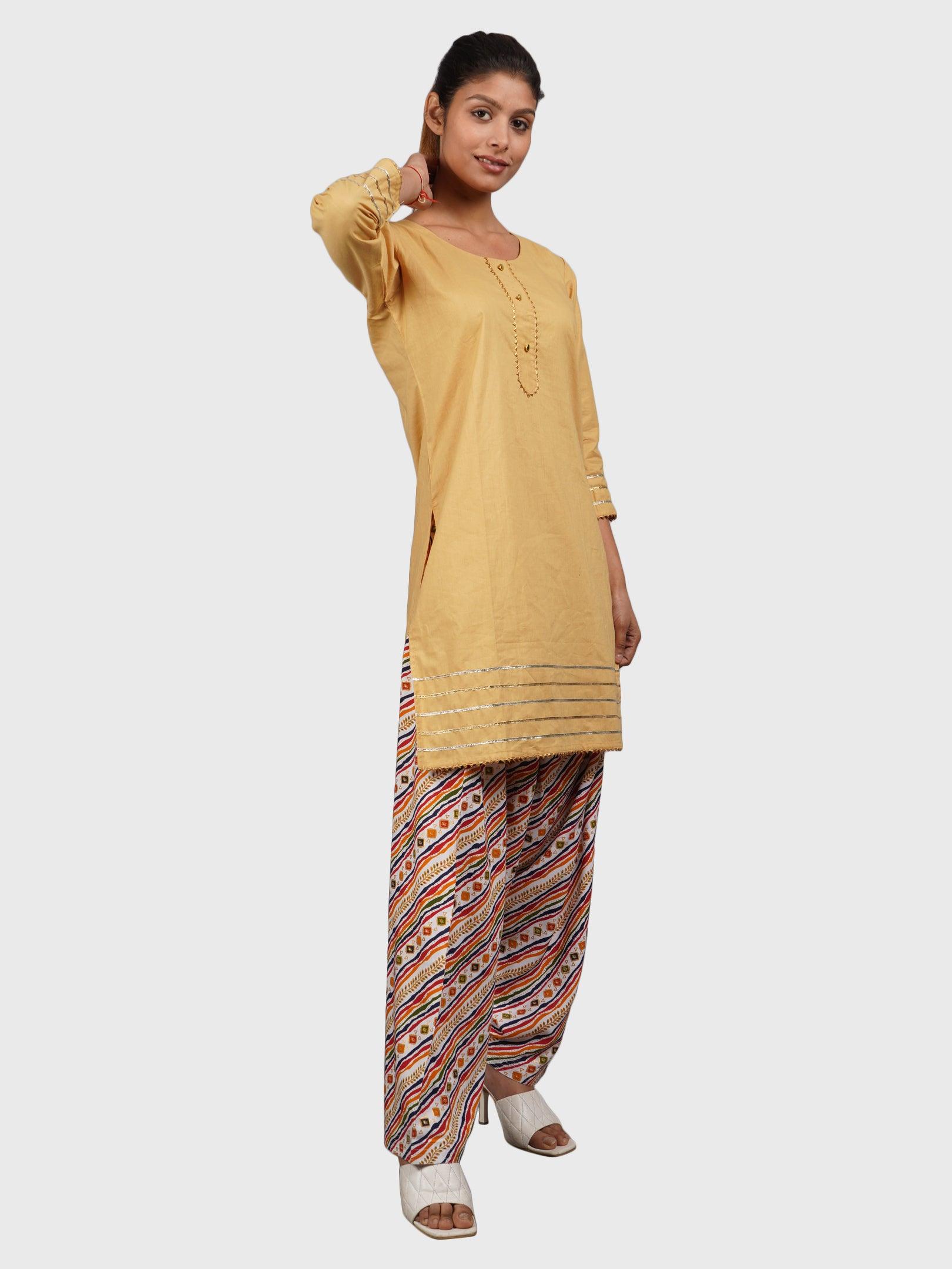 Women Plain Beige Kurta with Stripe Cream Salwar and Dupatta
